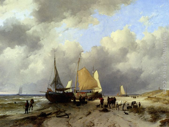 Unloading The Catch painting - Remigius Adriannus van Haanen Unloading The Catch art painting